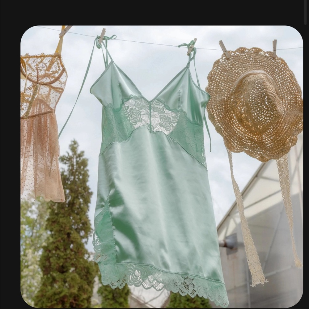 Silky Lace Trim Chemise in Light Blue